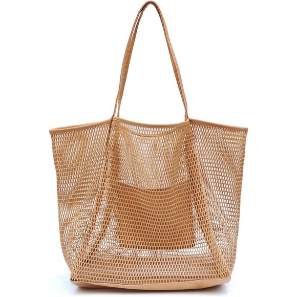 Women's Tan Mesh Beach Nylon And Polyester No-closure Tote Shoulder Handbag - Picture 1 of 6